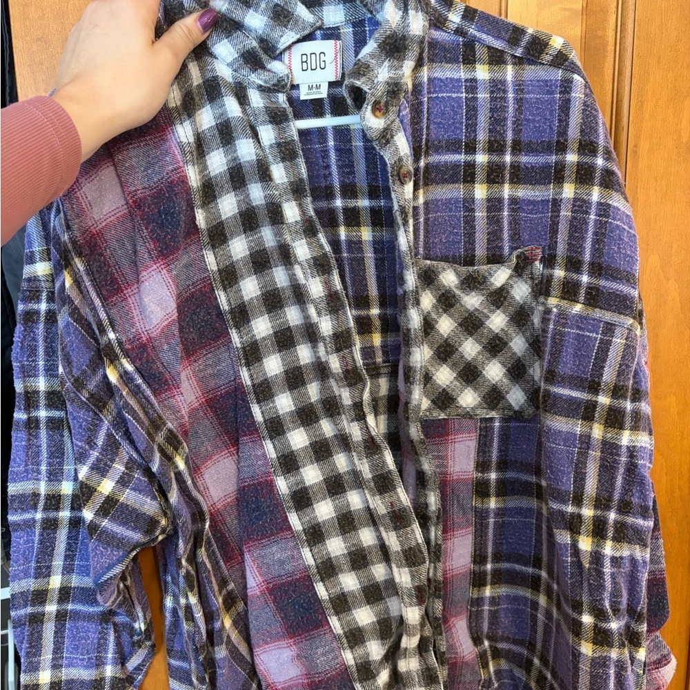 BDG Purple, Black & White Mixed Plaid Flannel Shirt